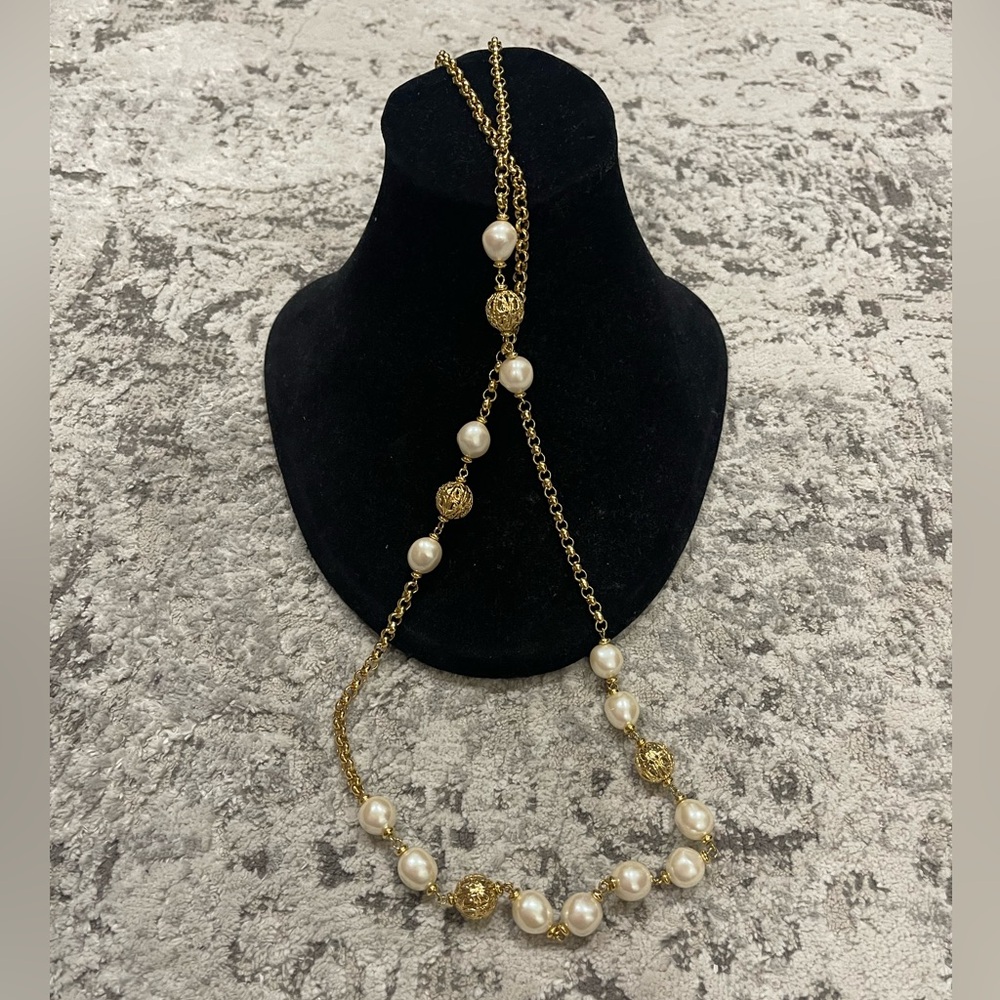 Signed Trifari Filagree Faux Pearl Necklace